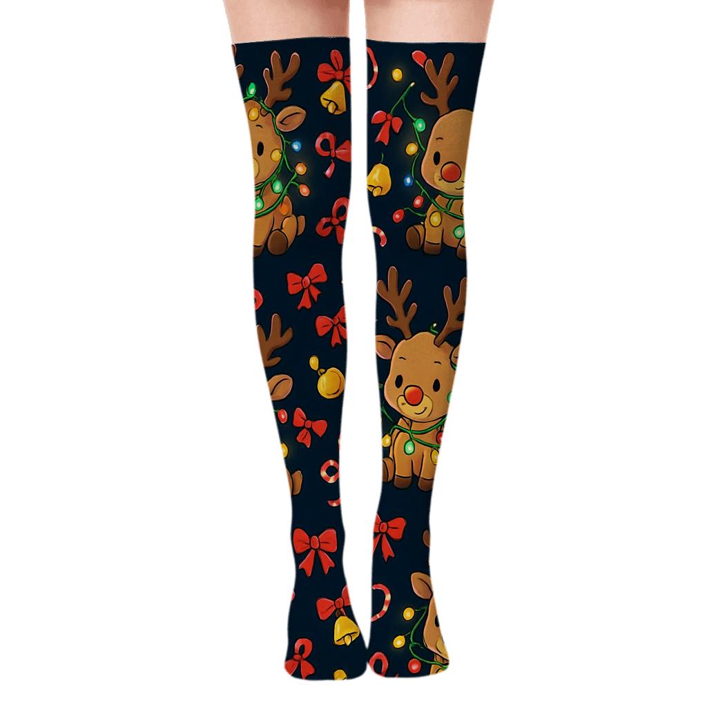 Knit Illusion Reindeer Tangle In Holiday Lights custom over-the-knee socks