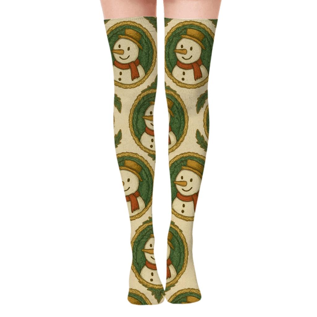 Xmas Snowman Medallions On Ivory Field premium cozy over-the-knee socks