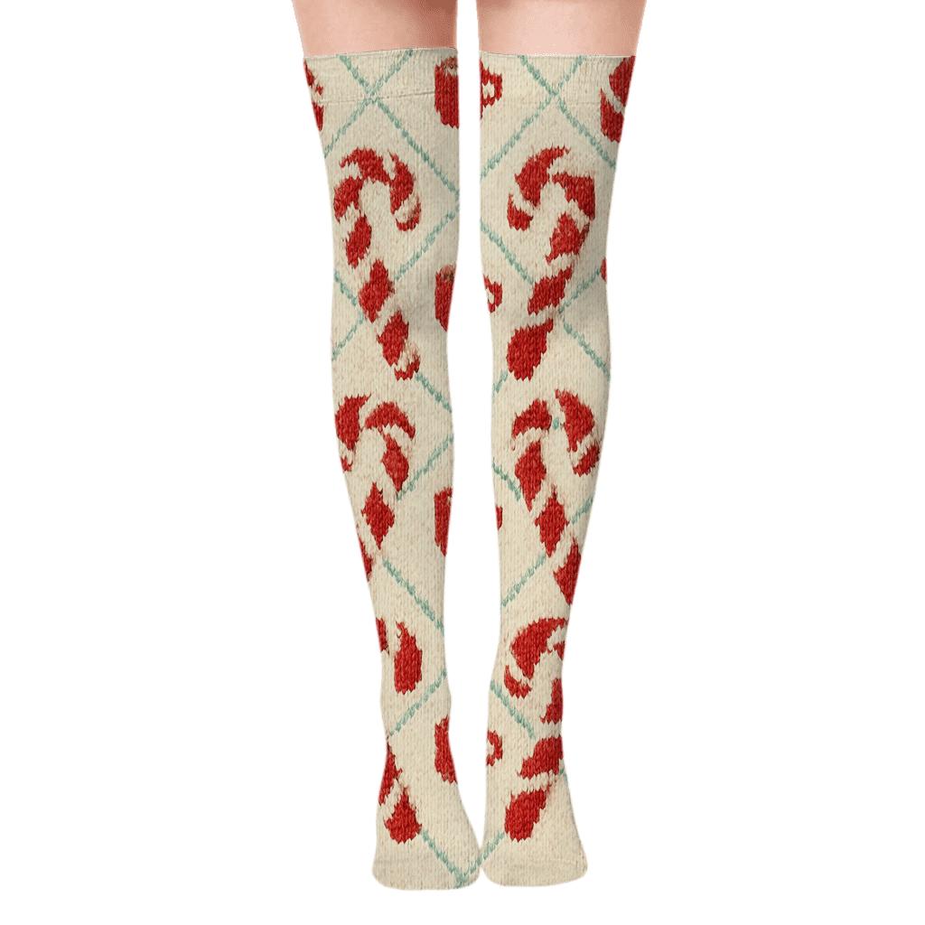 Candy Canes Lattice Knit On Winter Cream unique graphic over-the-knee socks
