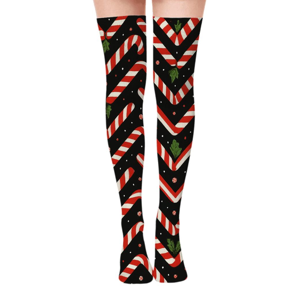 Christmas Candy Cane Chevron On Black Background trendy patterned over-the-knee socks
