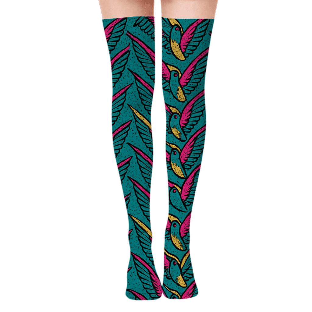 Hummingbird Wing Chevron On Teal Background trendy patterned over-the-knee socks