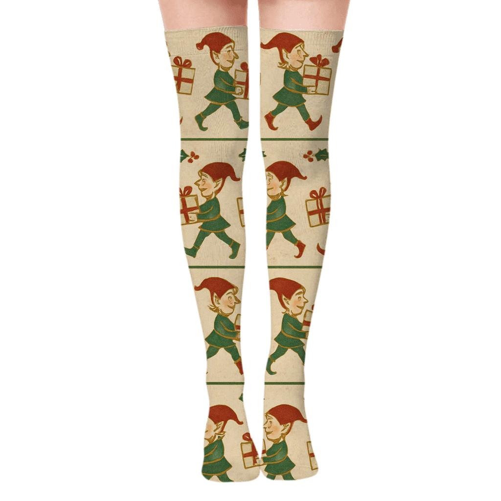 Vintage Poster Elves For Holiday Border Bands personalized over-the-knee socks