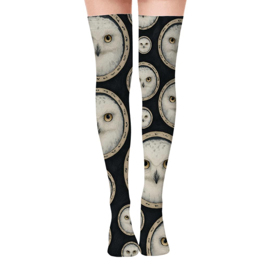 Snowy Owl Portrait Medallions On Black Background custom over-the-knee socks
