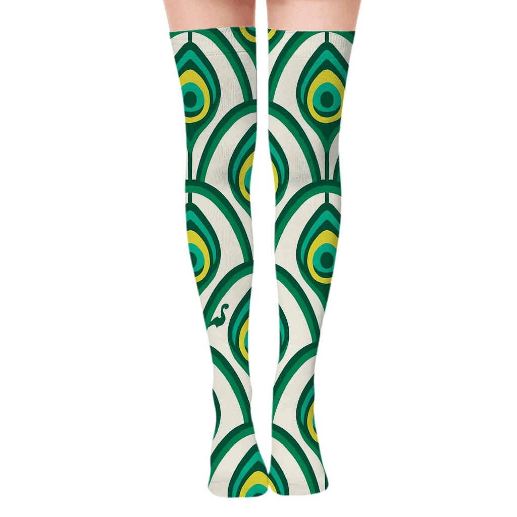 Peacock Tail Feather Lattice On White Background custom over-the-knee socks