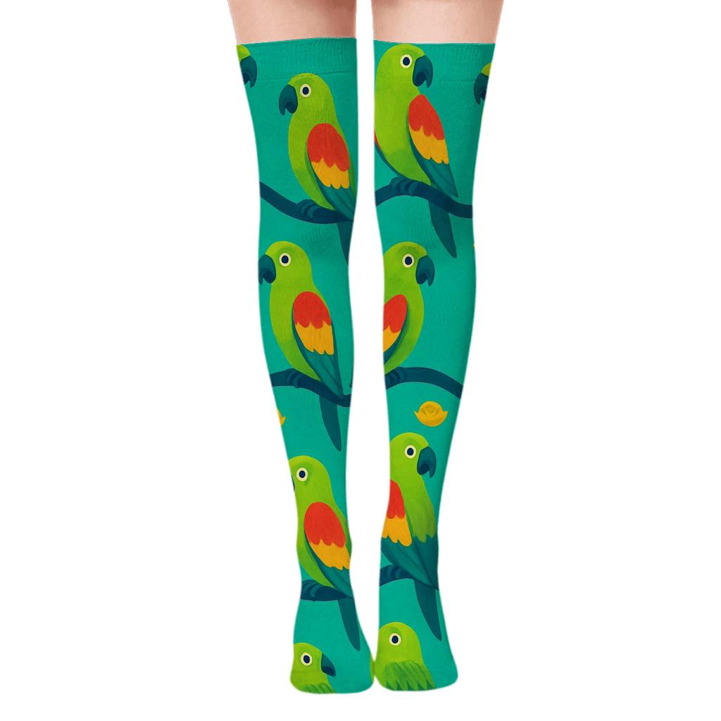 Parrot Perch Wave On Turquoise Background designer print over-the-knee socks
