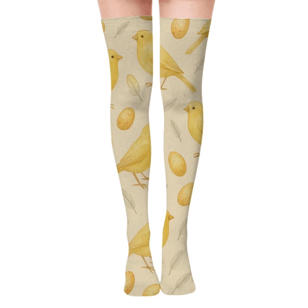 Golden Canary Egg Scatter On Beige Background premium cozy over-the-knee socks