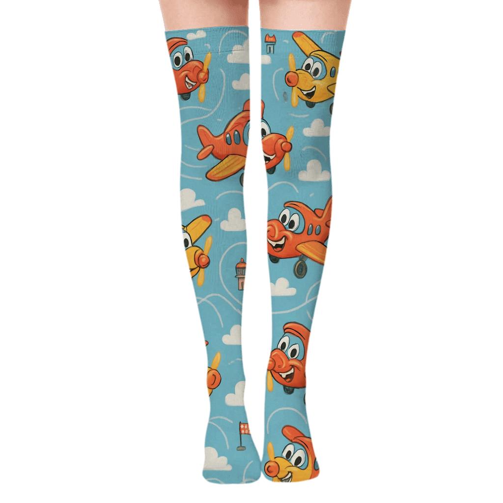 Playful Airplane Race Scene Scatter On Sky Blue designer print over-the-knee socks