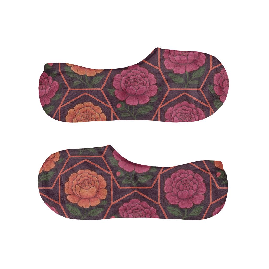 Sunset Peony Medallion Tiles On Deep Plum Background trendy no-show sock styles