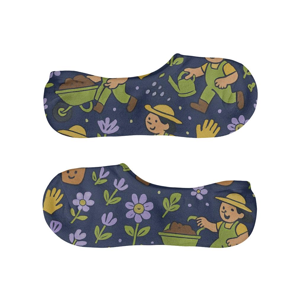 Flower Pot Parade With Gardener Scenes designer print no-show socks