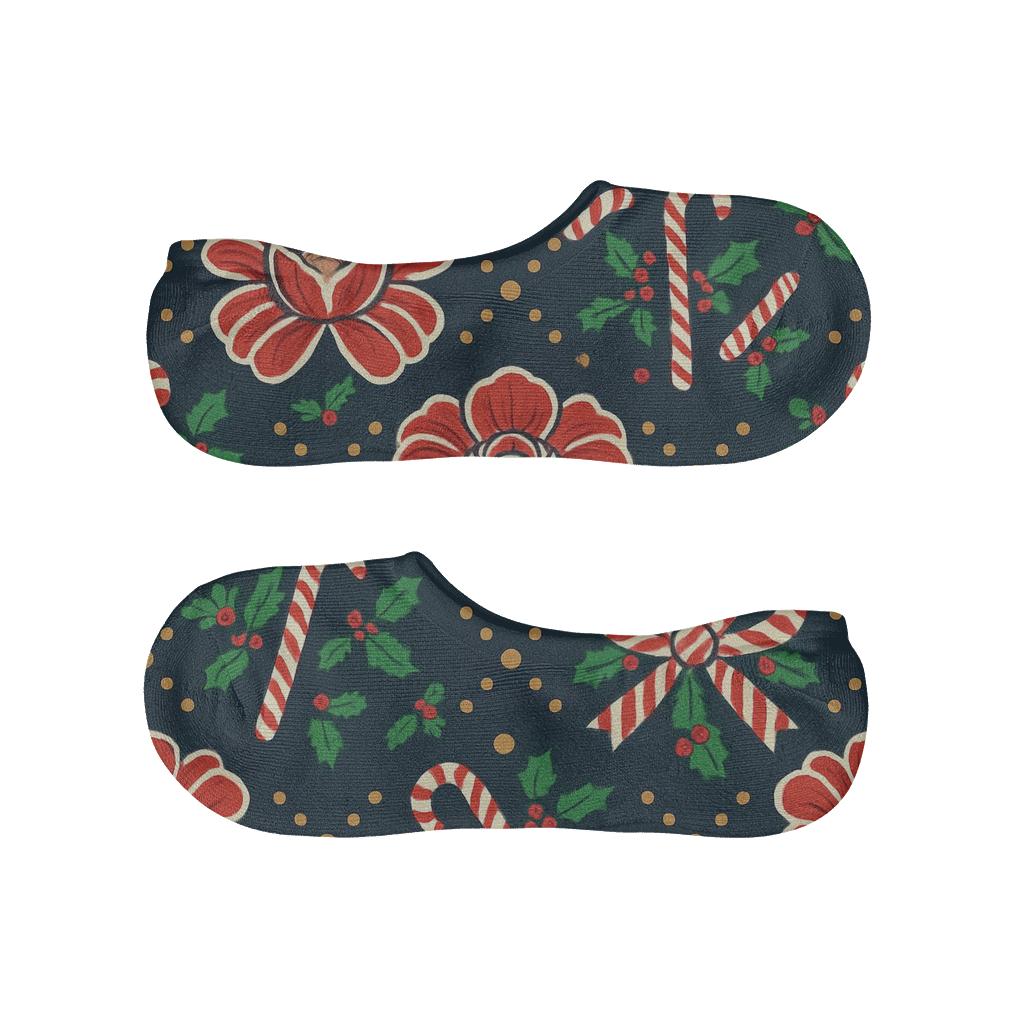 Candy Cane Peony Lattice On Deep Navy Background designer printed no-show socks