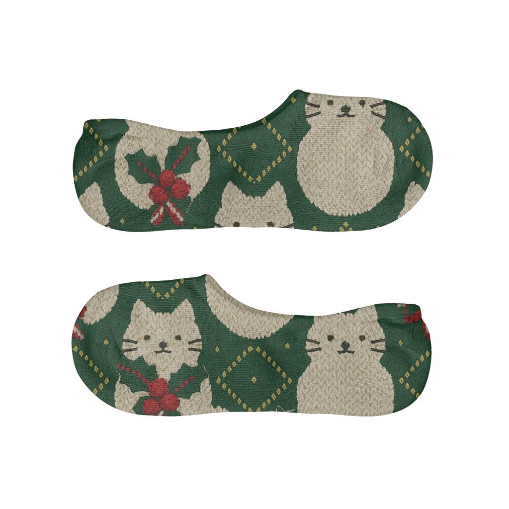Holly Bow Cat Mittens Lattice On Pine Green Background comfortable invisible socks