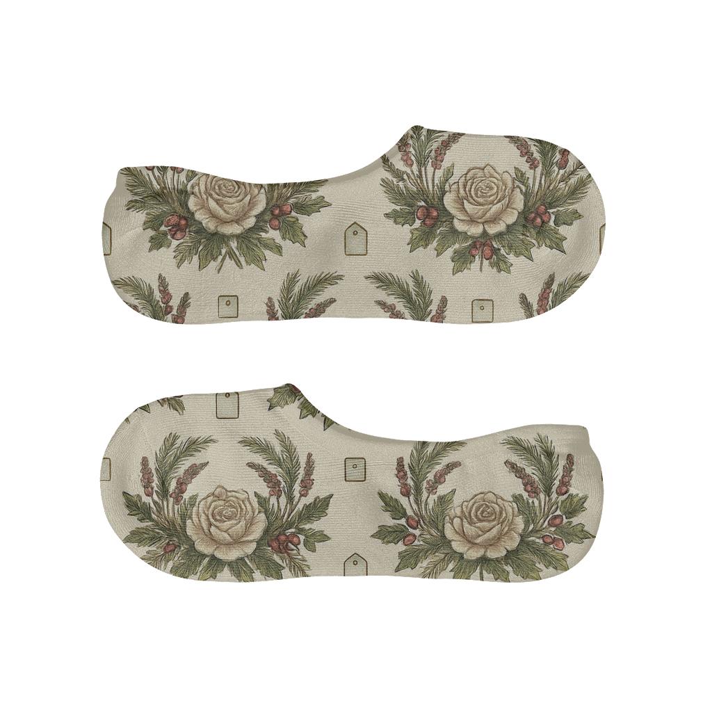 Vintage Rose Wreath Grid On Warm Ivory Background comfortable low-cut socks
