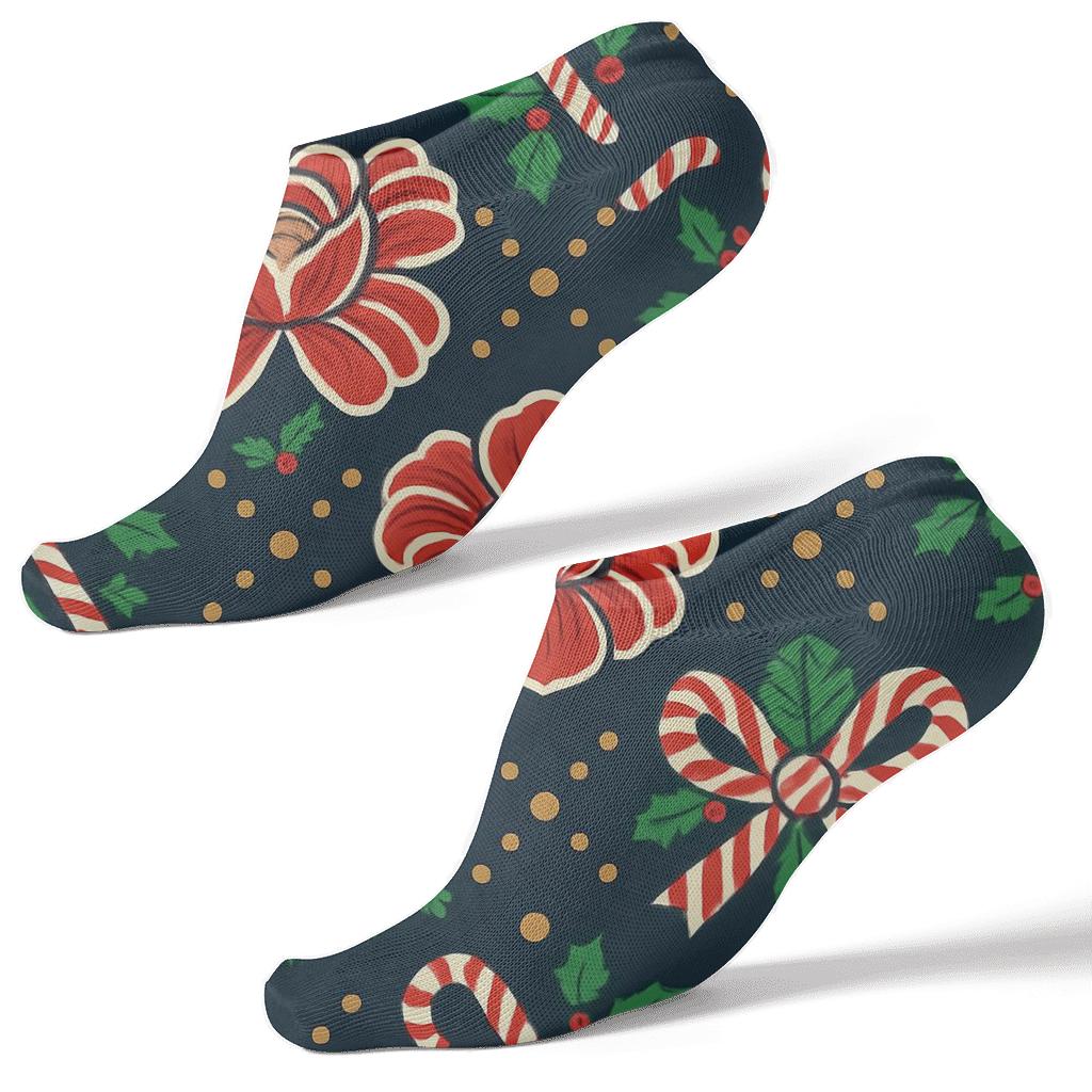 Candy Cane Peony Lattice On Deep Navy Background unique graphic ankle socks