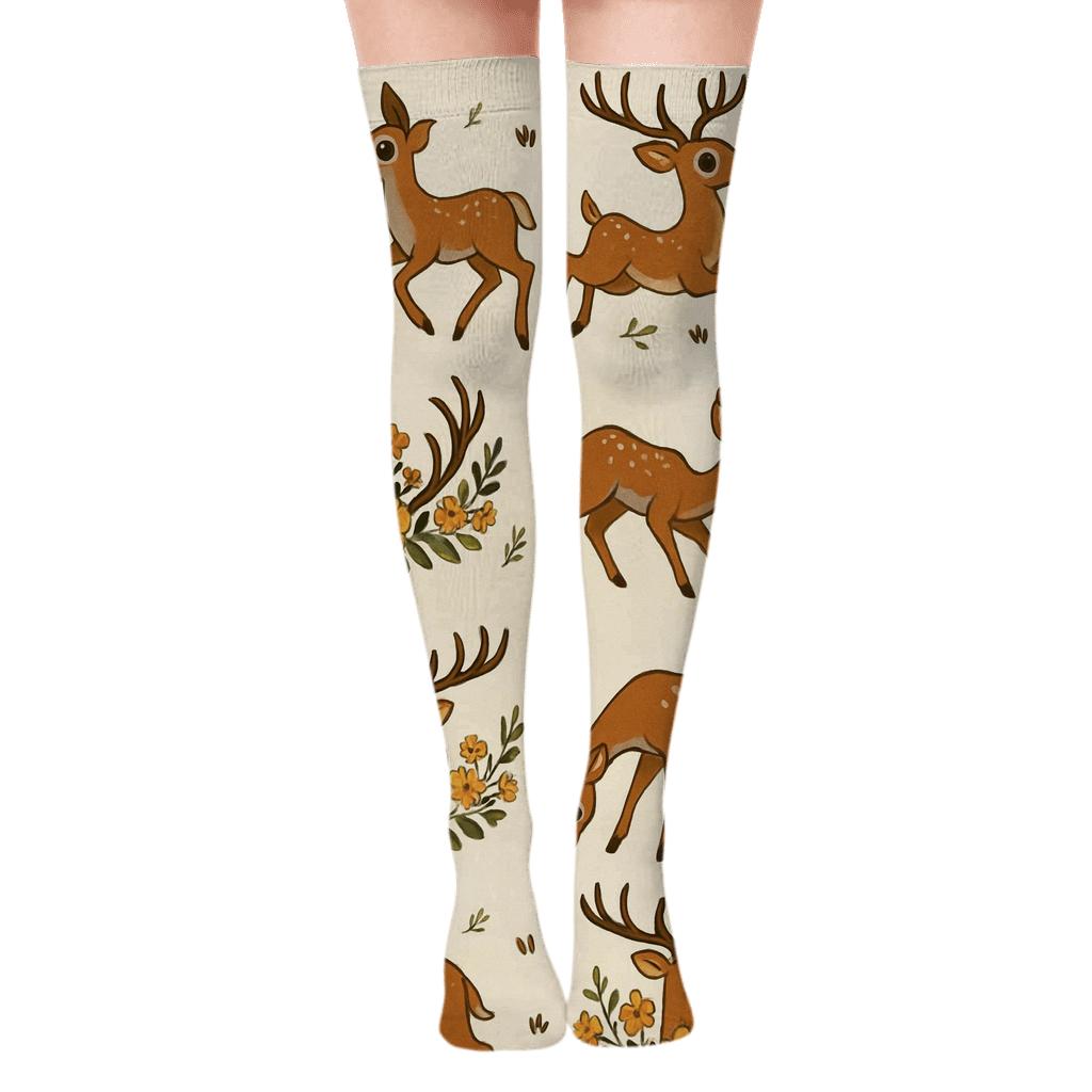 Woodland Parade With Deer On Ivory Ground soft everyday over-the-knee socks