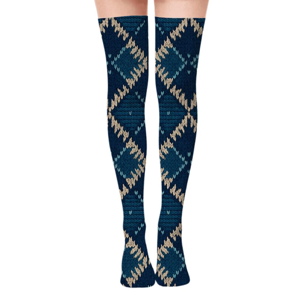 Knitted Illusion Shark Tooth Argyle stylish fashion over-the-knee socks