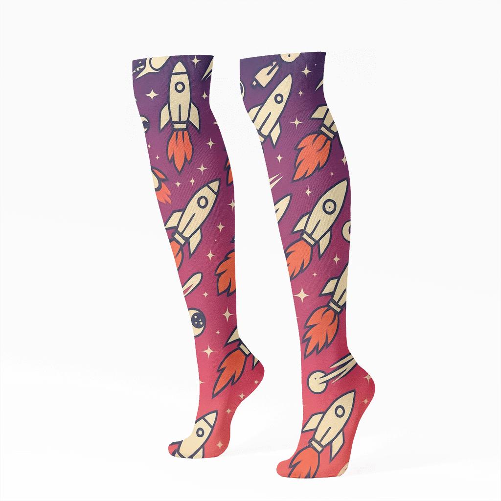 Retro Futurism Rocket Chevron Grid On Cosmic Purple Gradient comfortable cotton knee-high socks