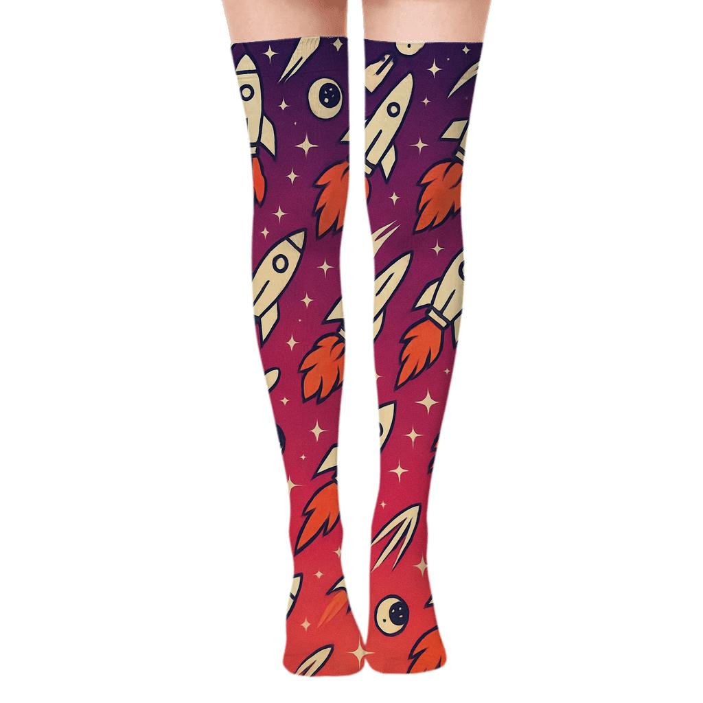 Retro Futurism Rocket Chevron Grid On Cosmic Purple Gradient stylish fashion over-the-knee socks