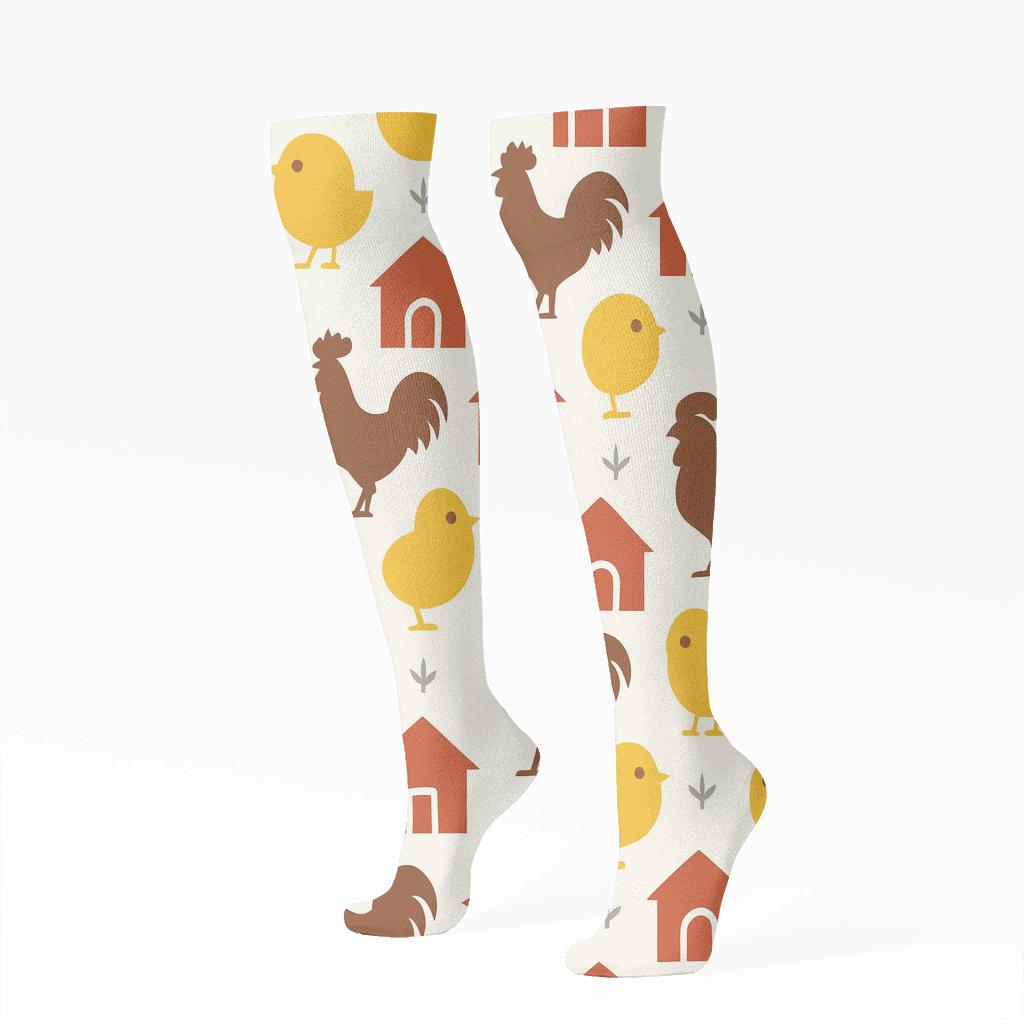 Chicks In A Minimalist Chicken Coop Grid designer print knee-high socks