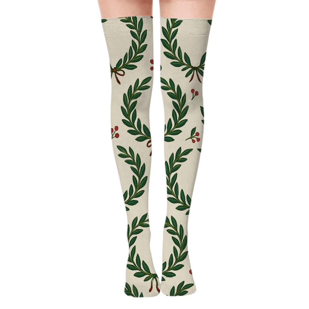 Laurel Ring Lattice With Wreath Medallions trendy patterned over-the-knee socks