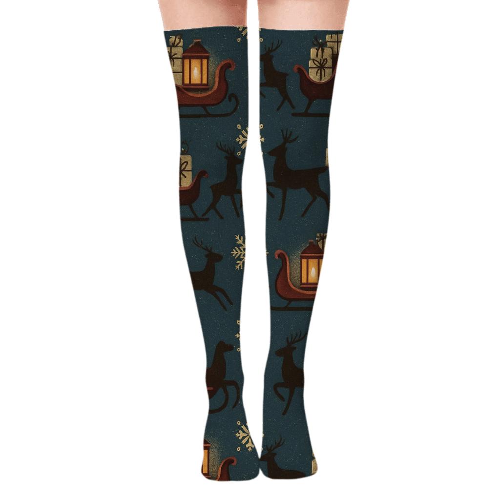 Vintage Winter Poster Repeat With Lantern Lit Sleigh custom over-the-knee socks