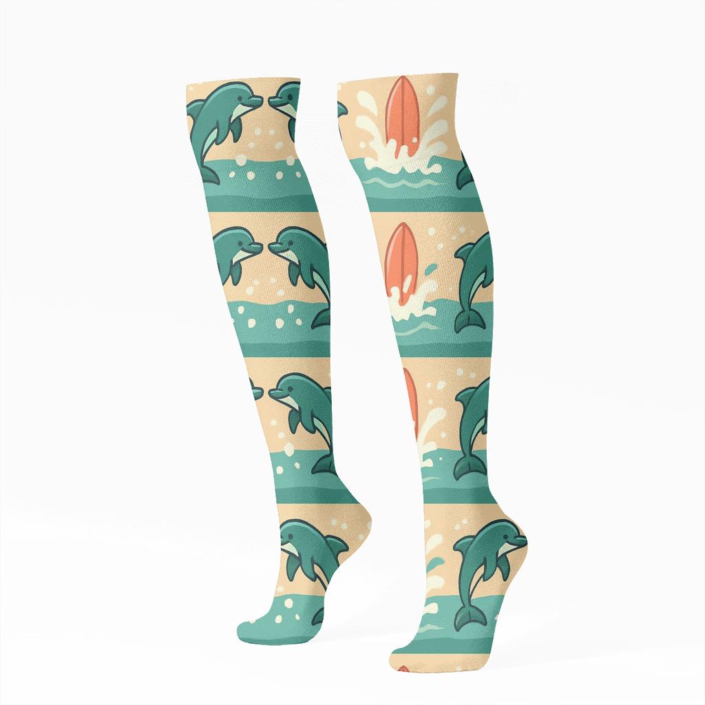 Coastal Wave Band Pattern, Playful Dolphin stylish athletic knee-high socks