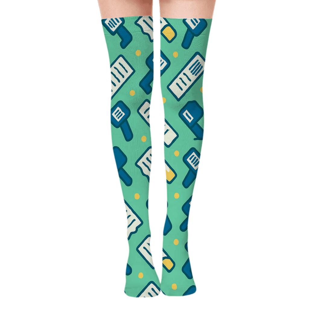 Receipt Lattice Cashier Pattern On Deep Teal premium cozy over-the-knee socks