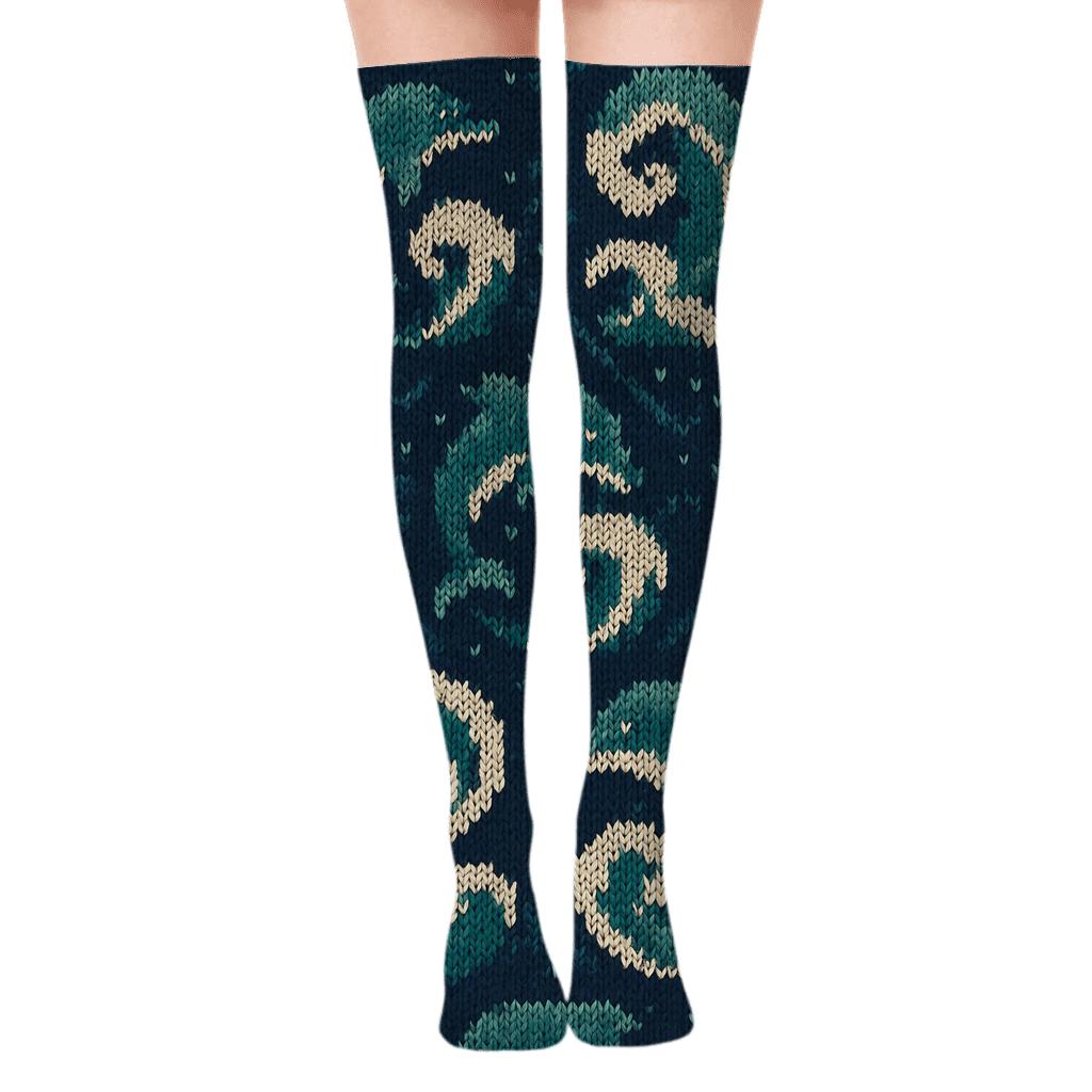 Knitted Current Tiles With Dolphin Motifs trendy patterned over-the-knee socks