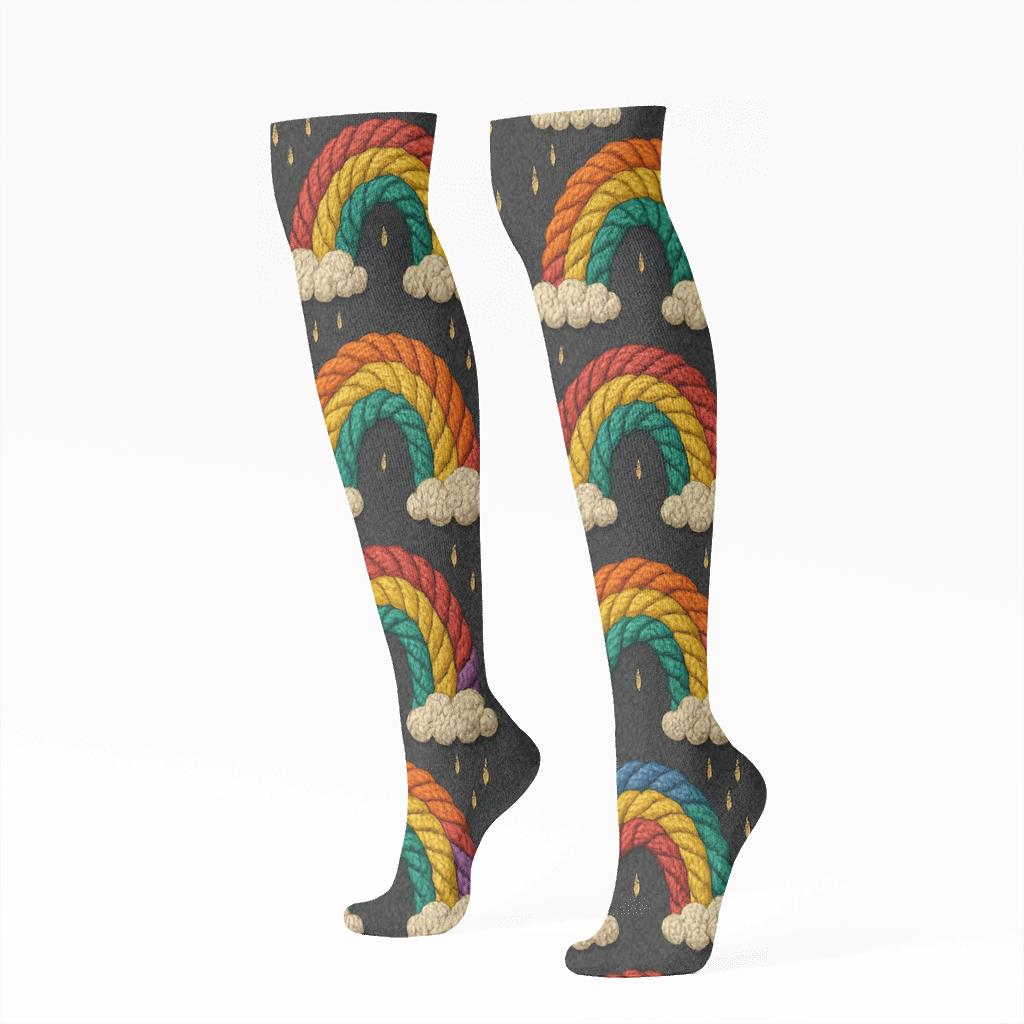 Knitted Rainbow Arc Cable Tiles On Midnight Charcoal premium sports knee-high socks