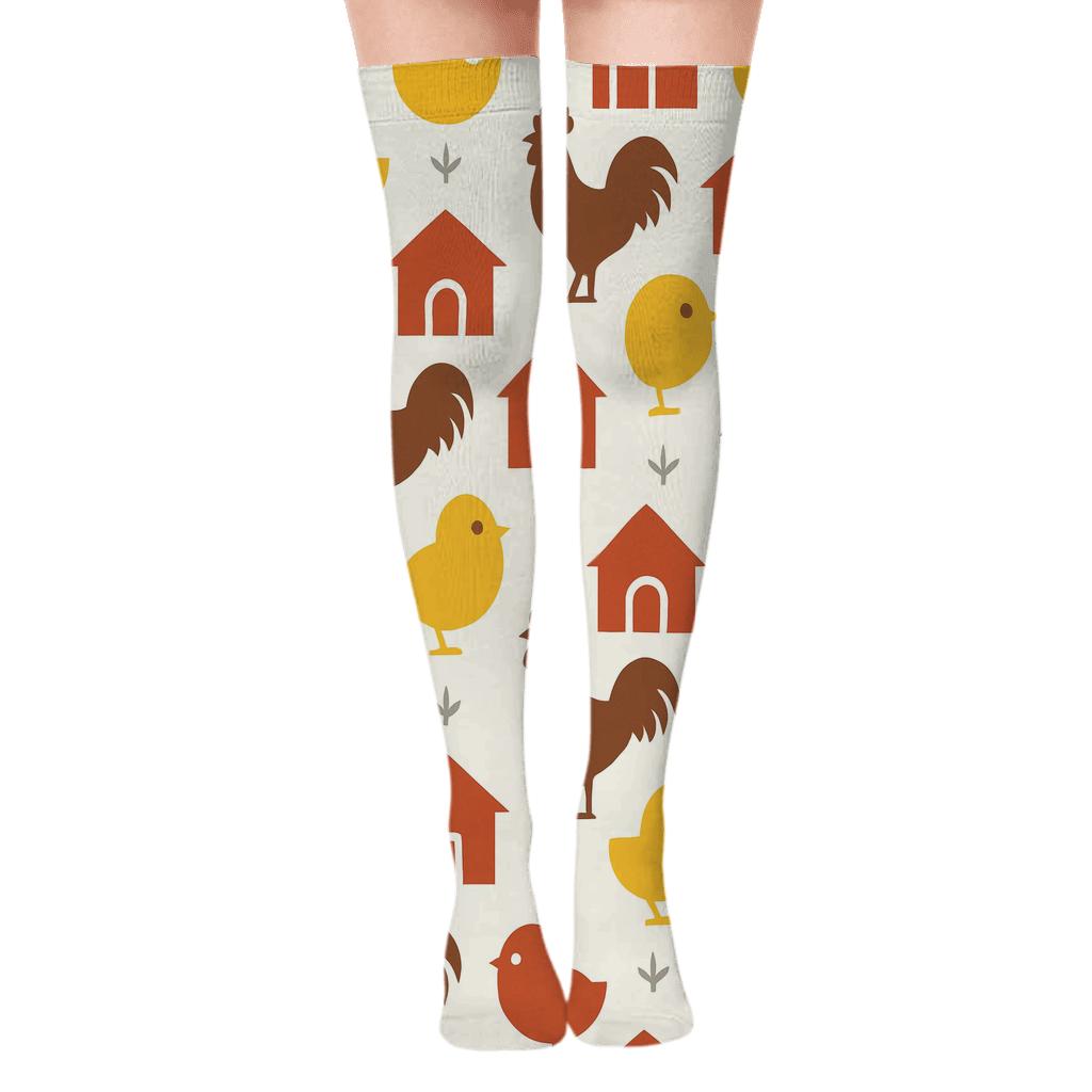 Chicks In A Minimalist Chicken Coop Grid premium cozy over-the-knee socks