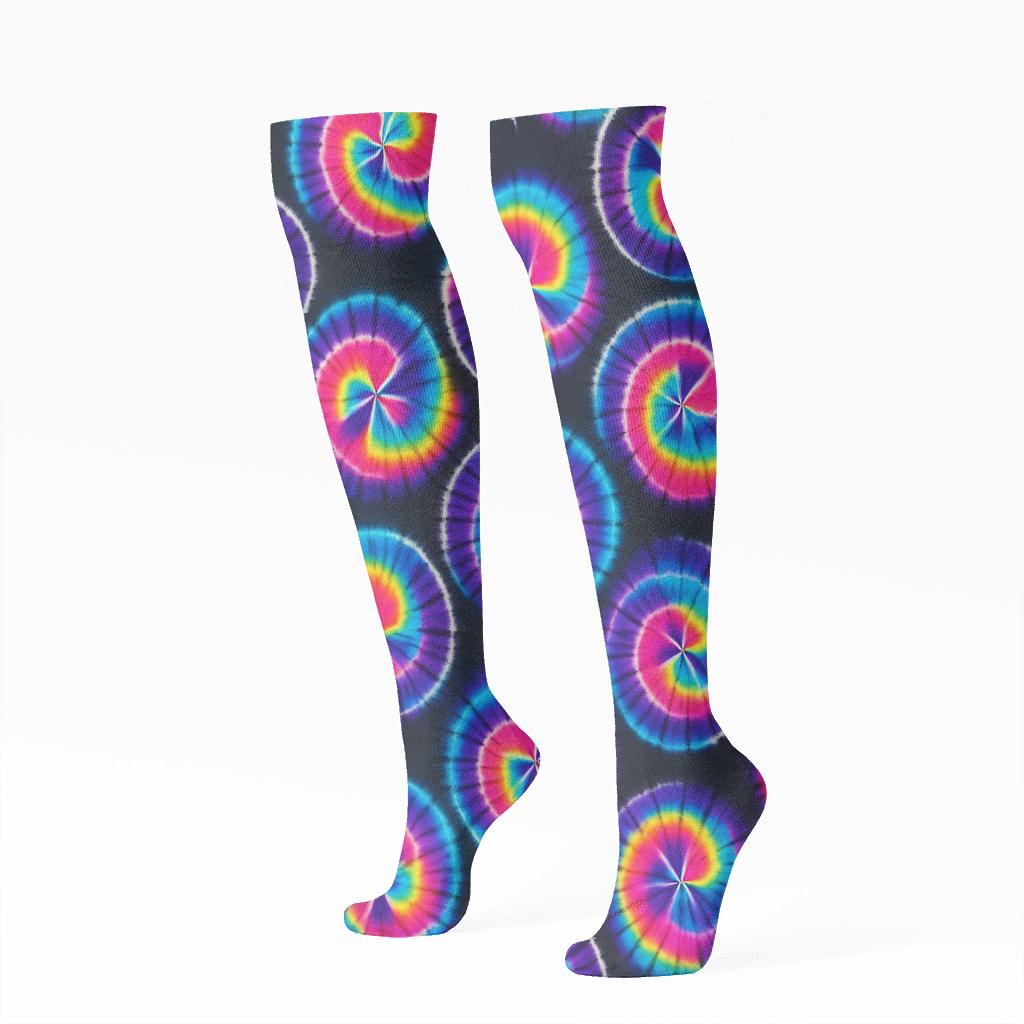 Neon Spiral Tile Lattice On Charcoal Black Background soft everyday knee-high socks