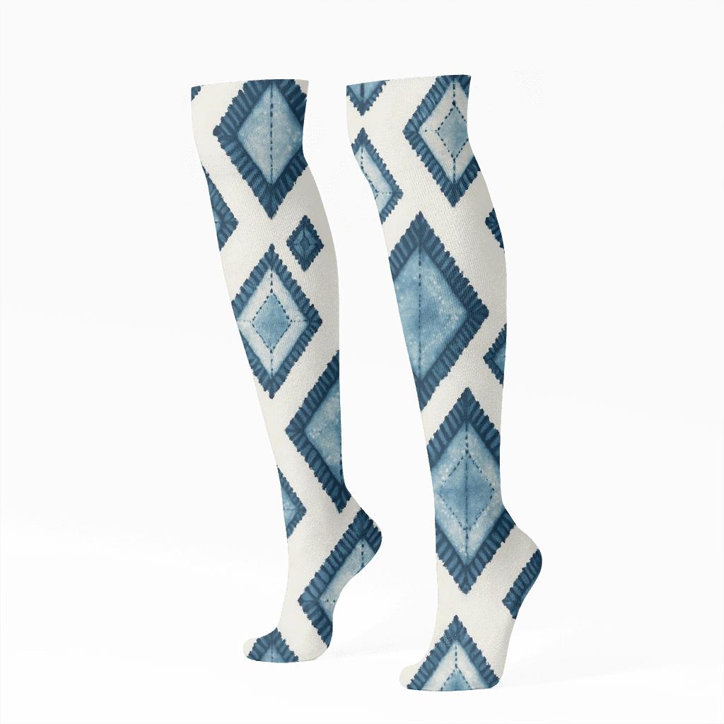 Indigo Shibori Diamond Chevron Array On Ivory Background stylish athletic knee-high socks