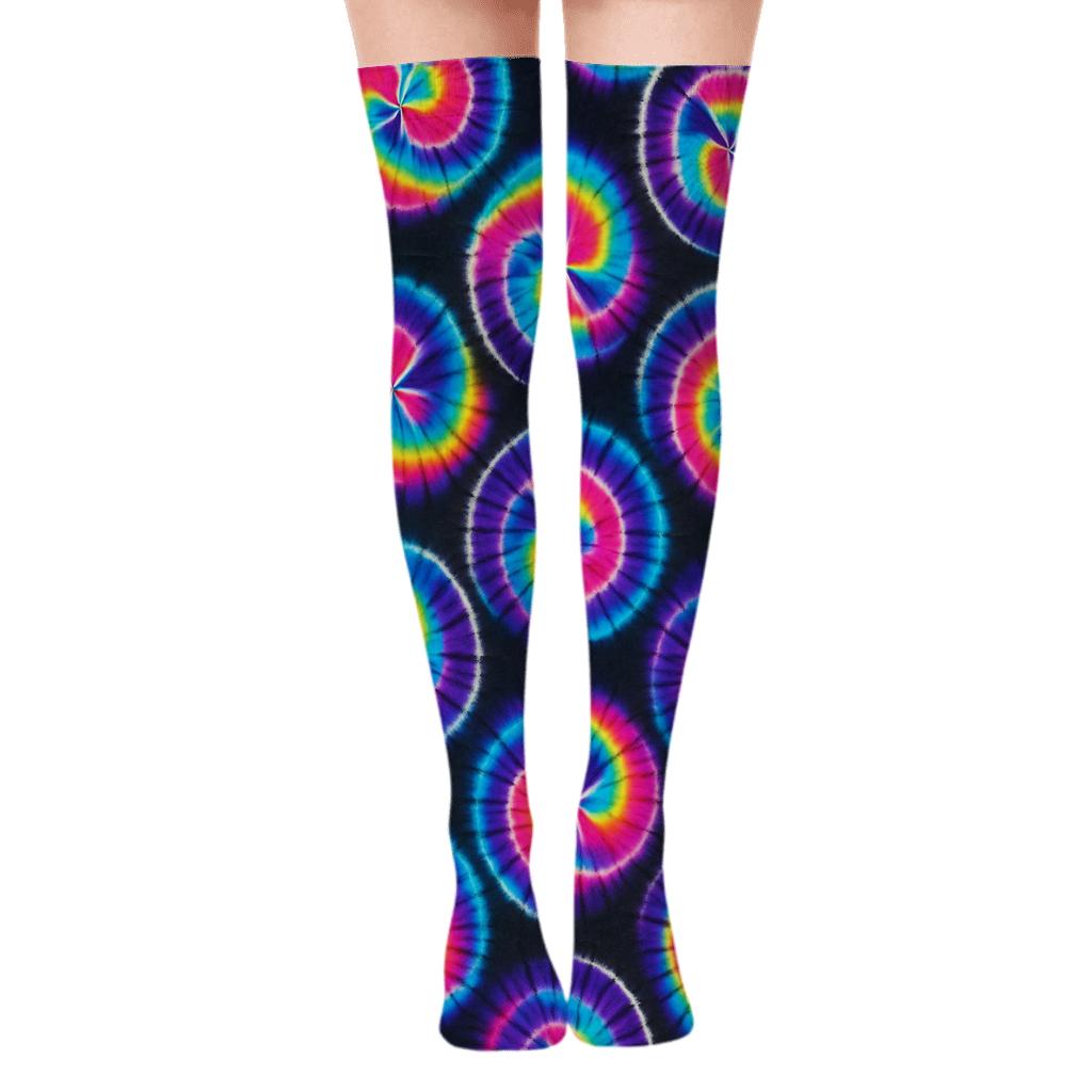 Neon Spiral Tile Lattice On Charcoal Black Background trendy patterned over-the-knee socks