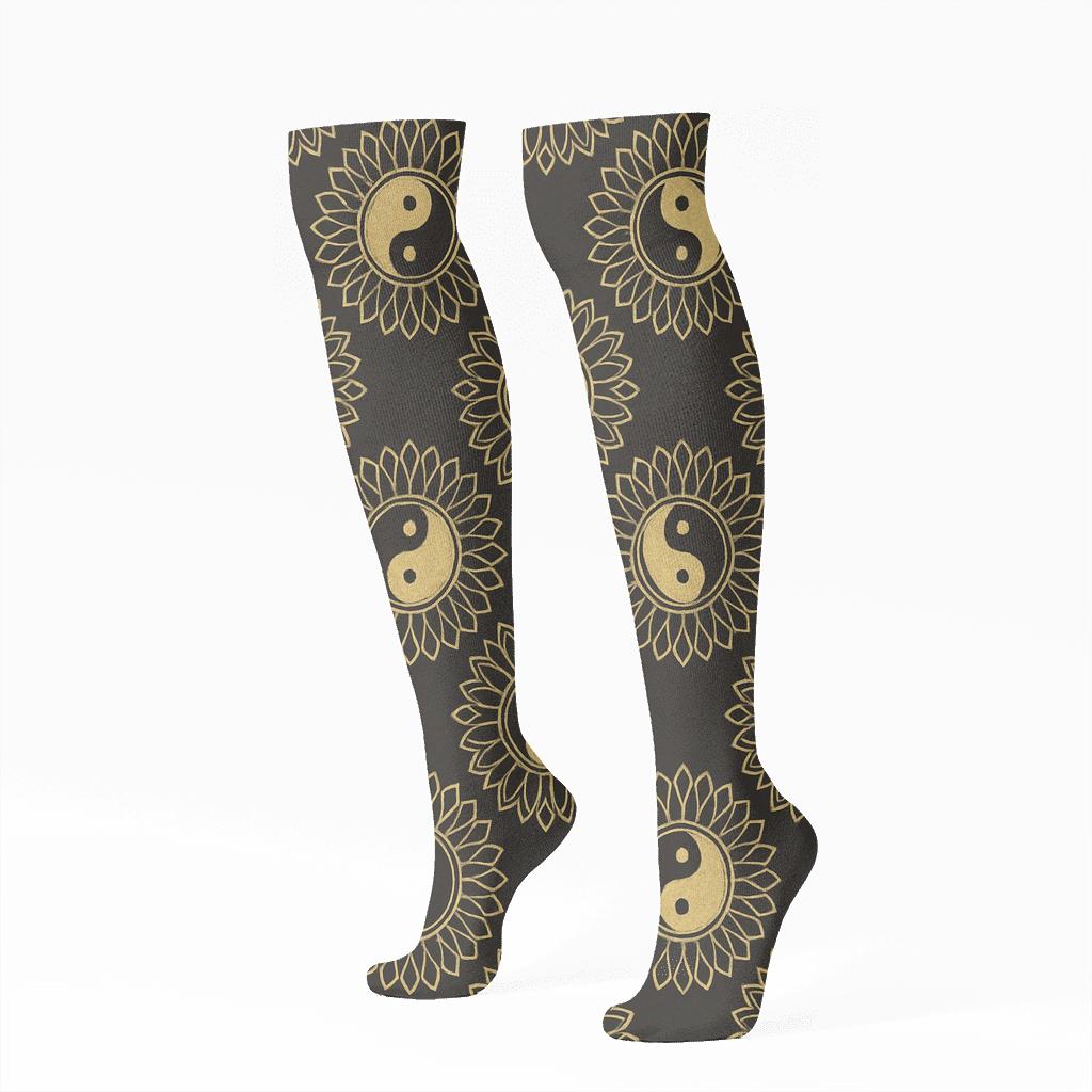 Gilded Duality Mandala Lattice On Black custom knee-high socks