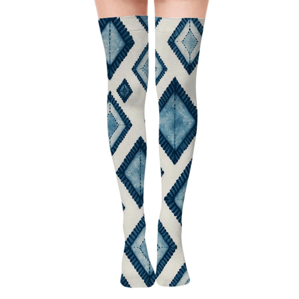Indigo Shibori Diamond Chevron Array On Ivory Background trendy patterned over-the-knee socks