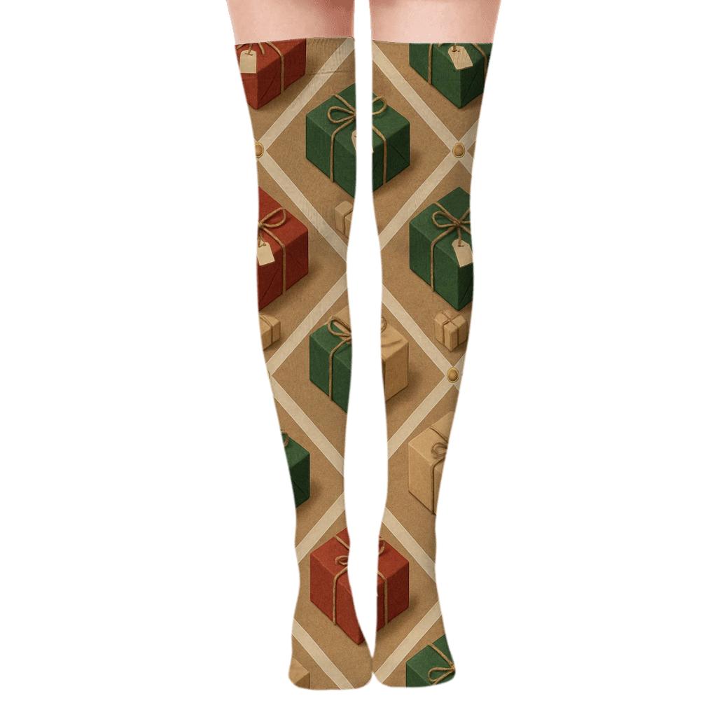 Ribbon Lattice Presents Pattern On Kraft Brown Ground soft everyday over-the-knee socks