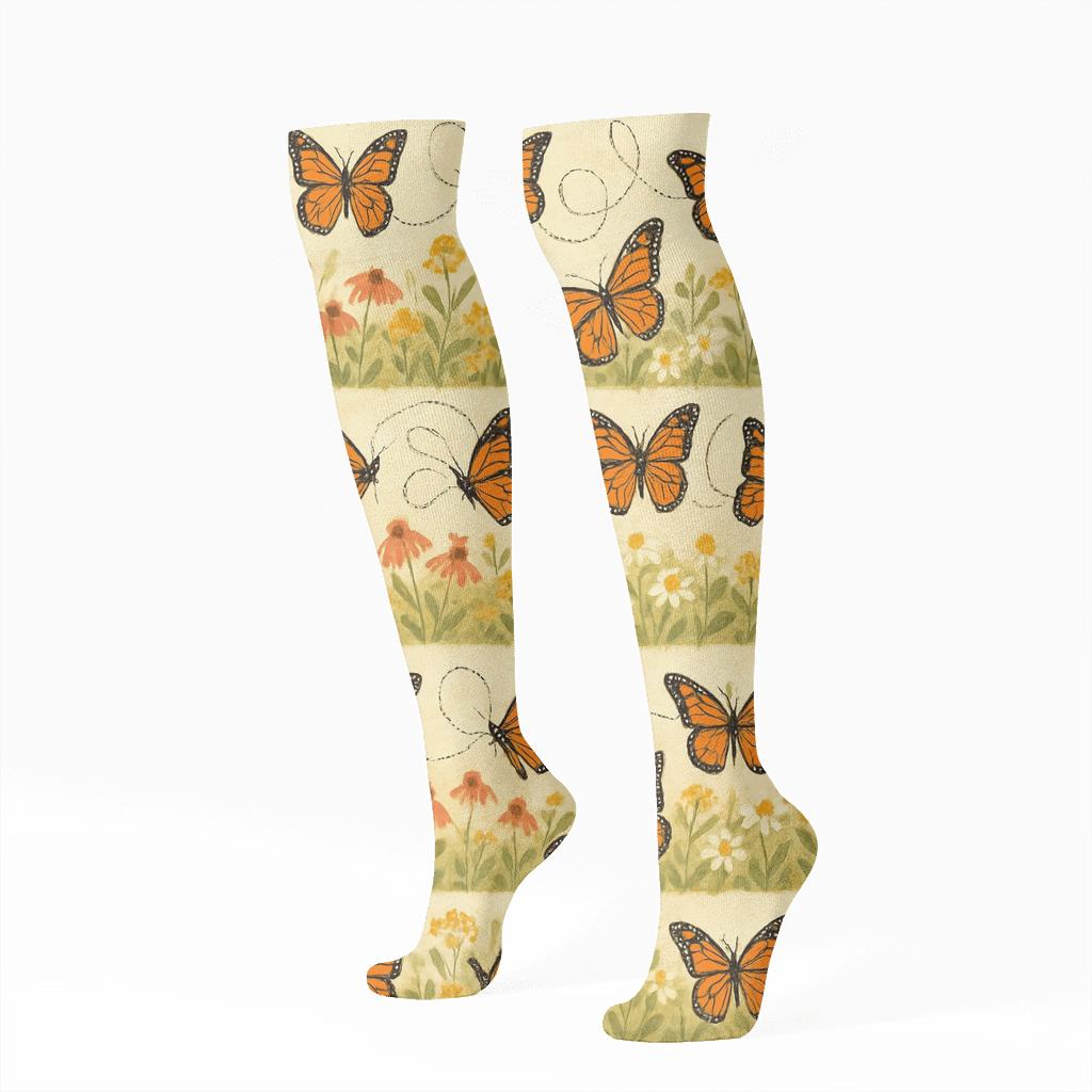 Monarch Migration Meadow Border Repeat On Warm Ivory soft everyday knee-high socks