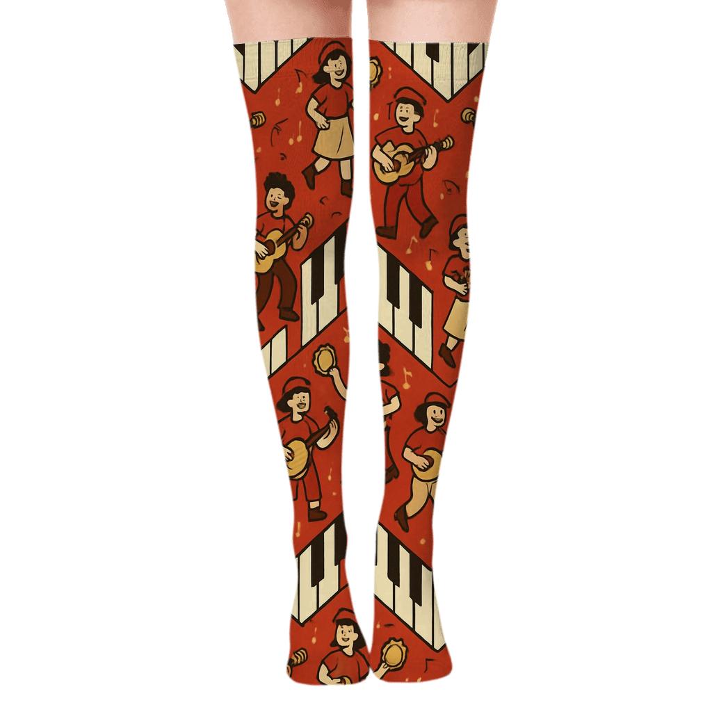 Piano Key Chevron With Musician Parade comfortable cotton over-the-knee socks