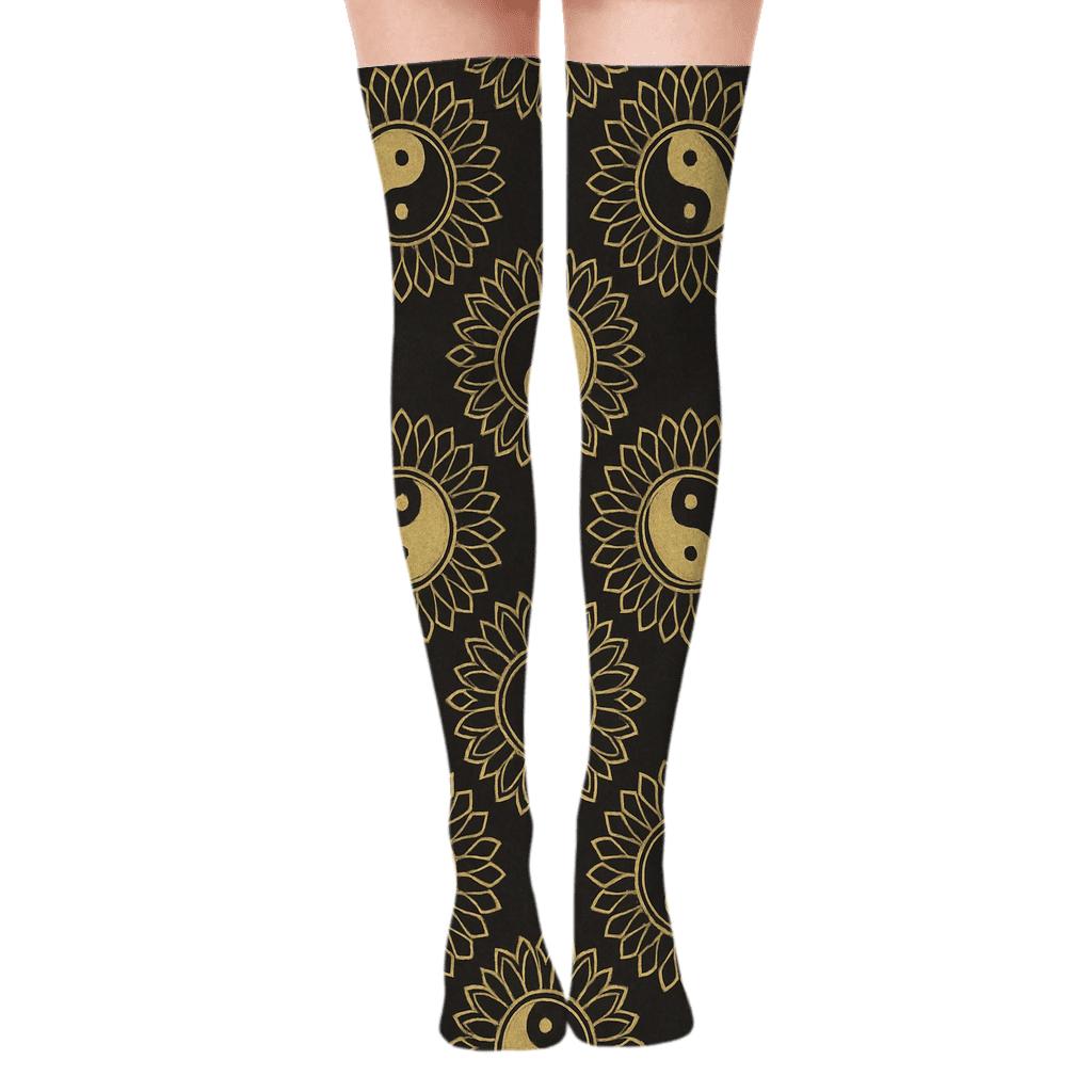 Gilded Duality Mandala Lattice On Black trendy patterned over-the-knee socks