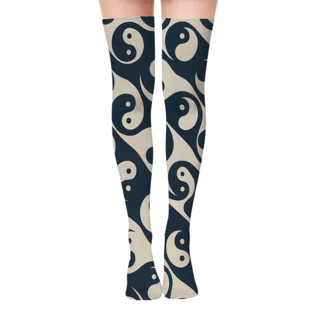 Indigo Cream Wave Tile Taijitu Field premium cozy over-the-knee socks