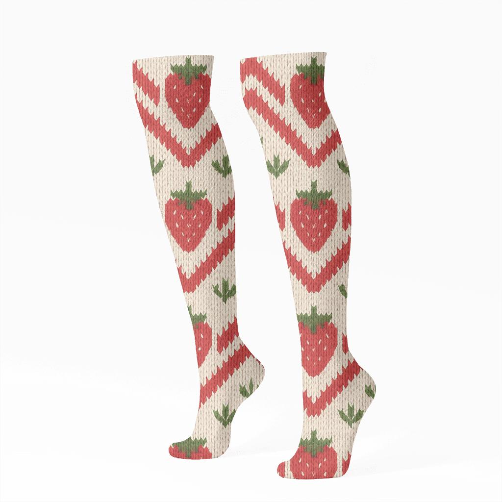Cream Knit Strawberry Seed Chevron trendy patterned knee-high socks