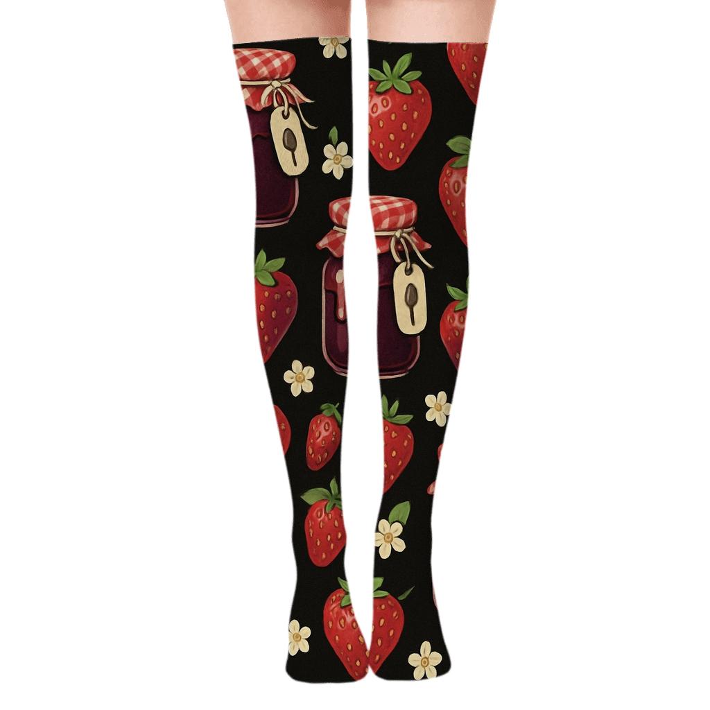 Midnight Strawberry Jam Jar Tile Parade designer print over-the-knee socks