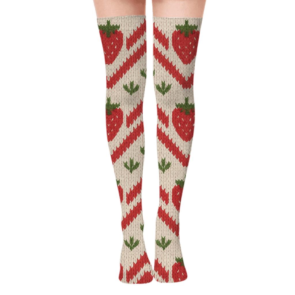 Cream Knit Strawberry Seed Chevron custom over-the-knee socks