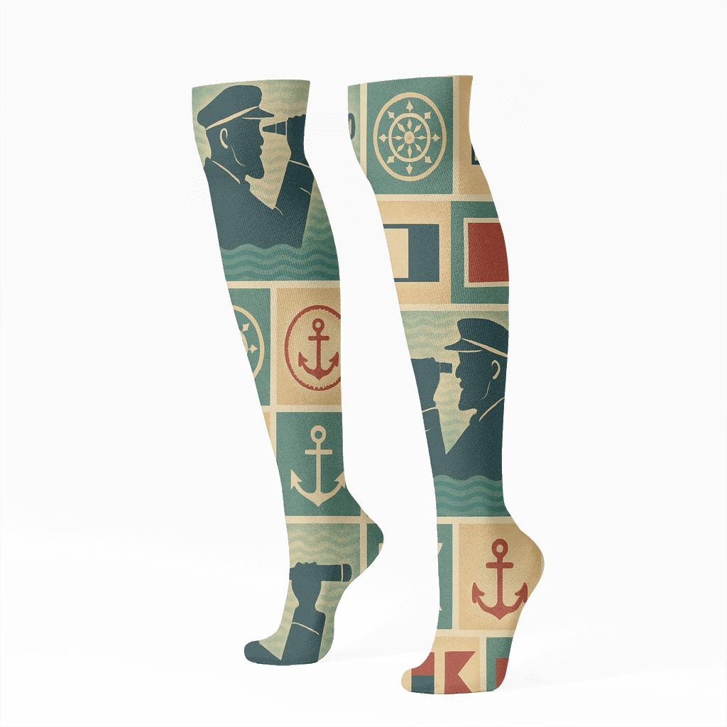Vintage Nautical Poster Pattern With Ship Captain soft everyday knee-high socks