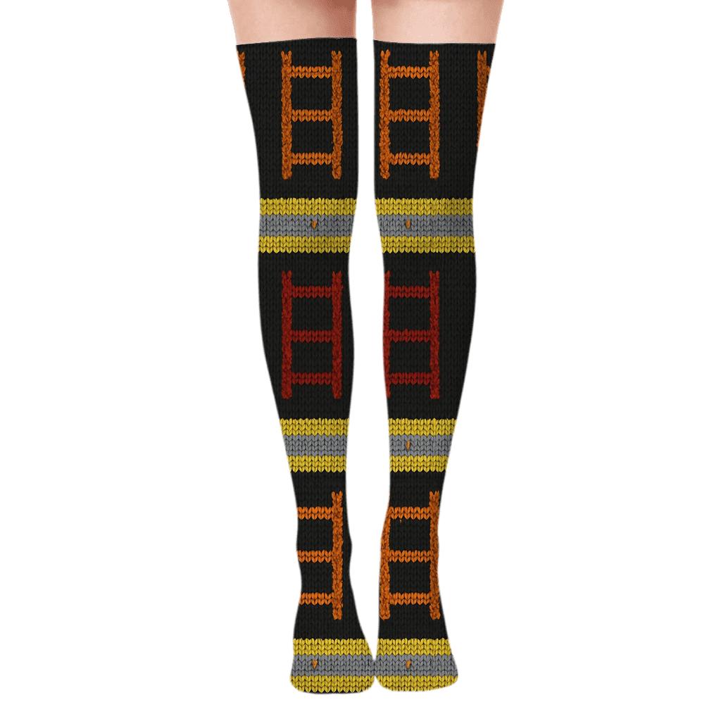 Ladder Stripe Bands In Fire Fighter Knit Illusion unique graphic over-the-knee socks