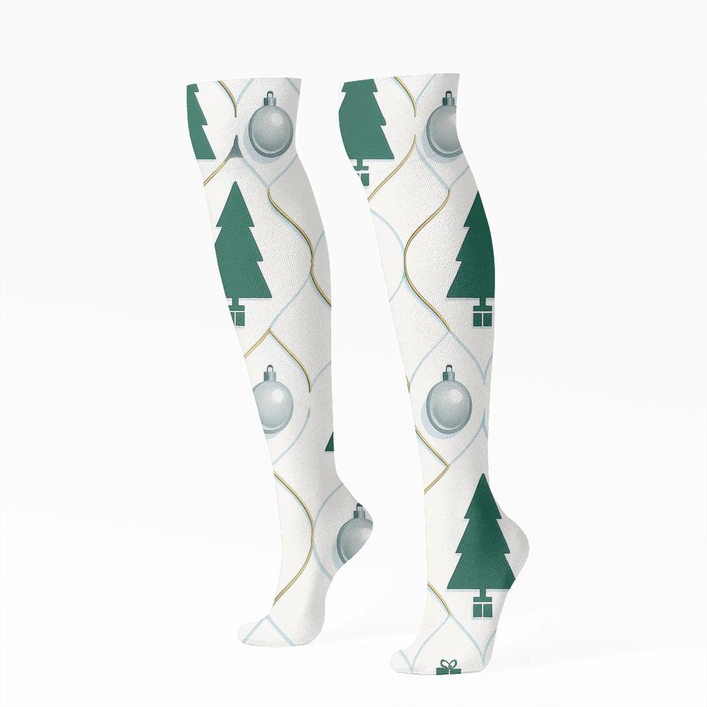 Ornament Lattice With Christmas Tree Silhouettes designer print knee-high socks