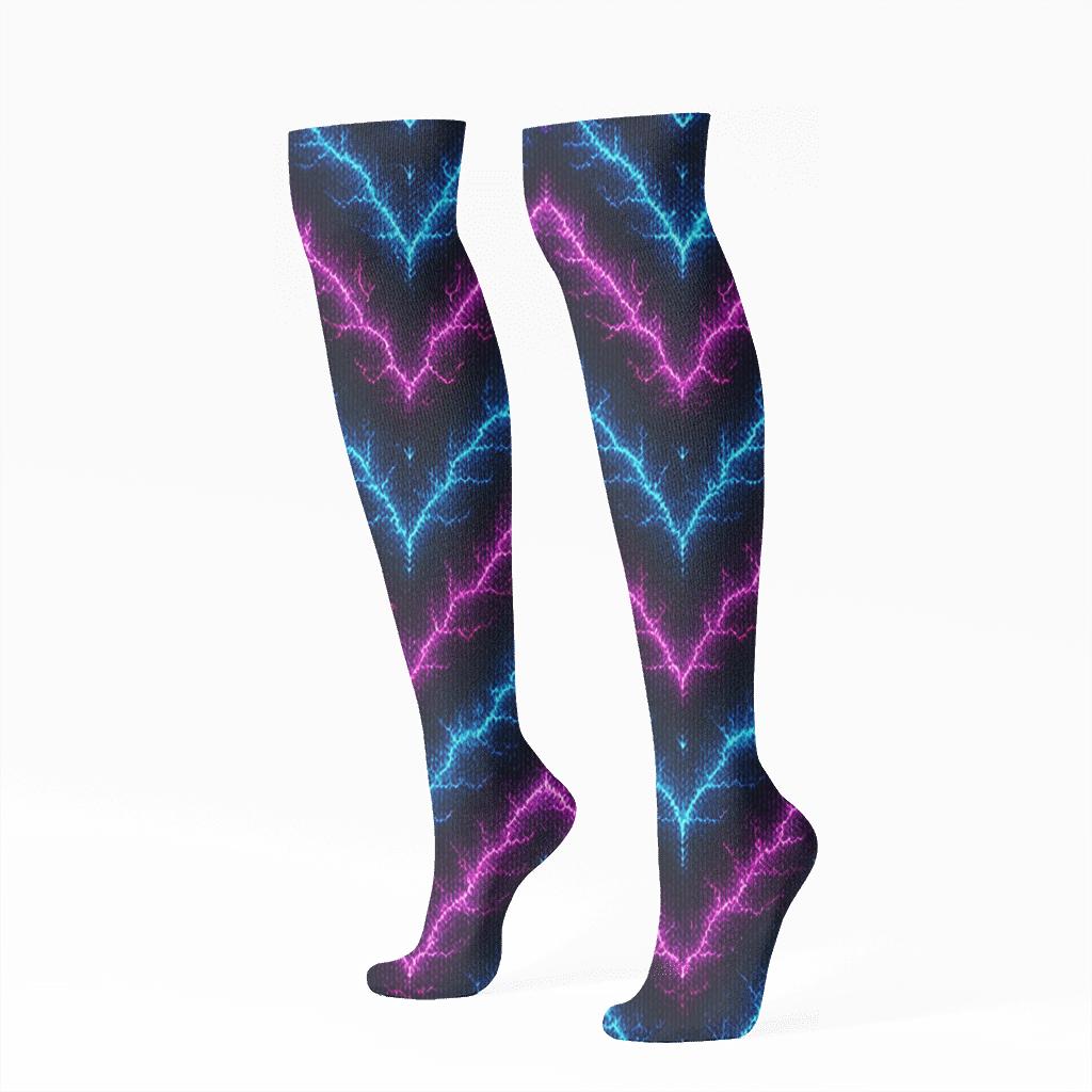 Neon Fractal Bolt Chevron Knit Illusion designer print knee-high socks