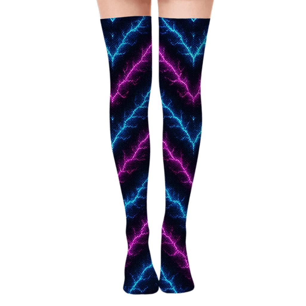 Neon Fractal Bolt Chevron Knit Illusion trendy patterned over-the-knee socks