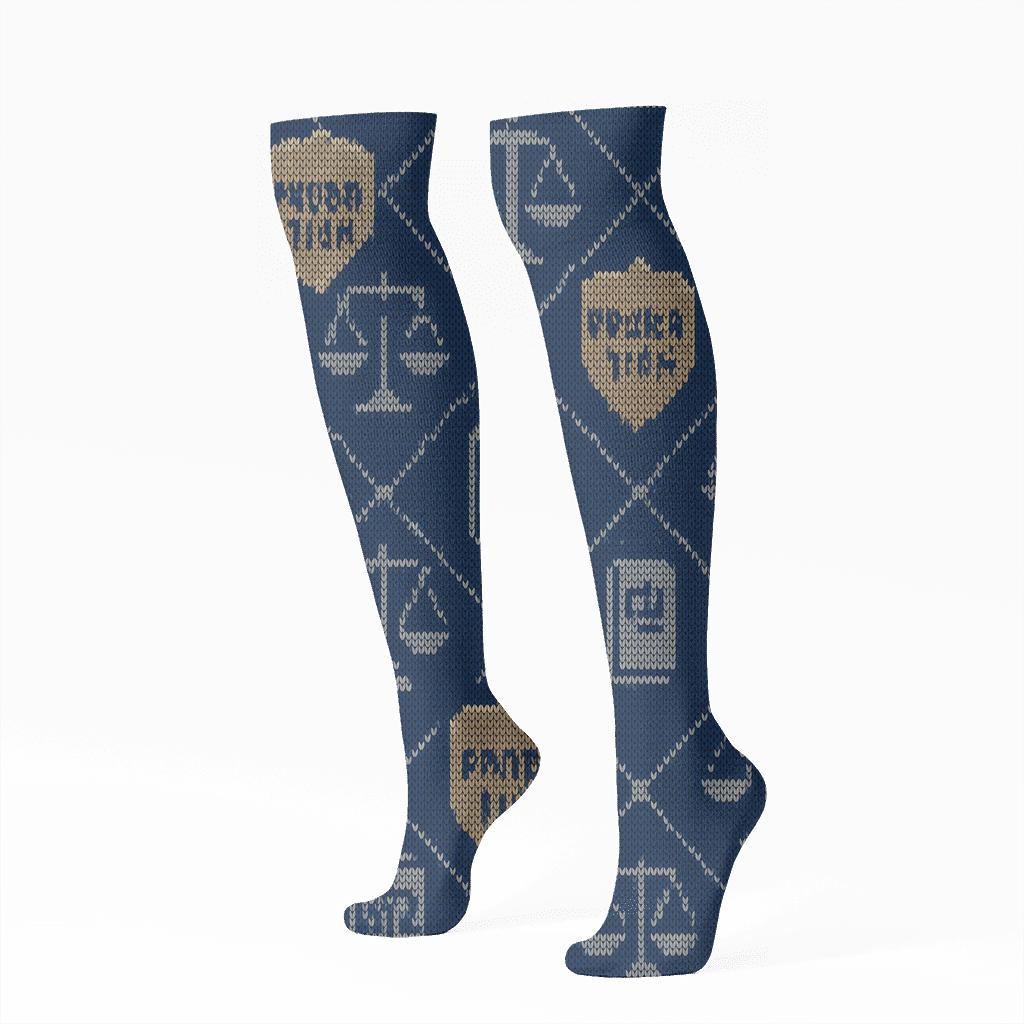 Knitted Tessellation Grid With Probation Officer Badges designer print knee-high socks