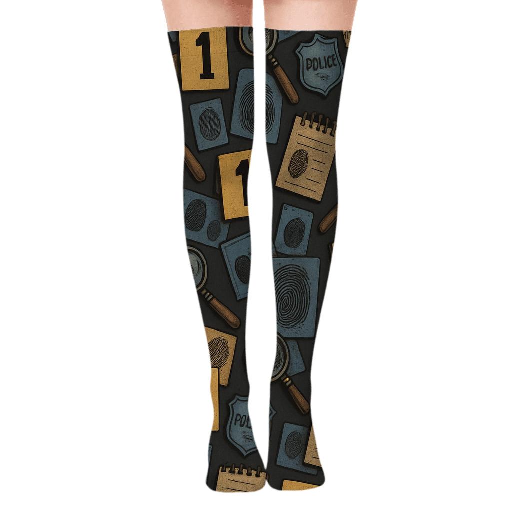 Midnight Evidence Markers Police Detective Collage premium cozy over-the-knee socks