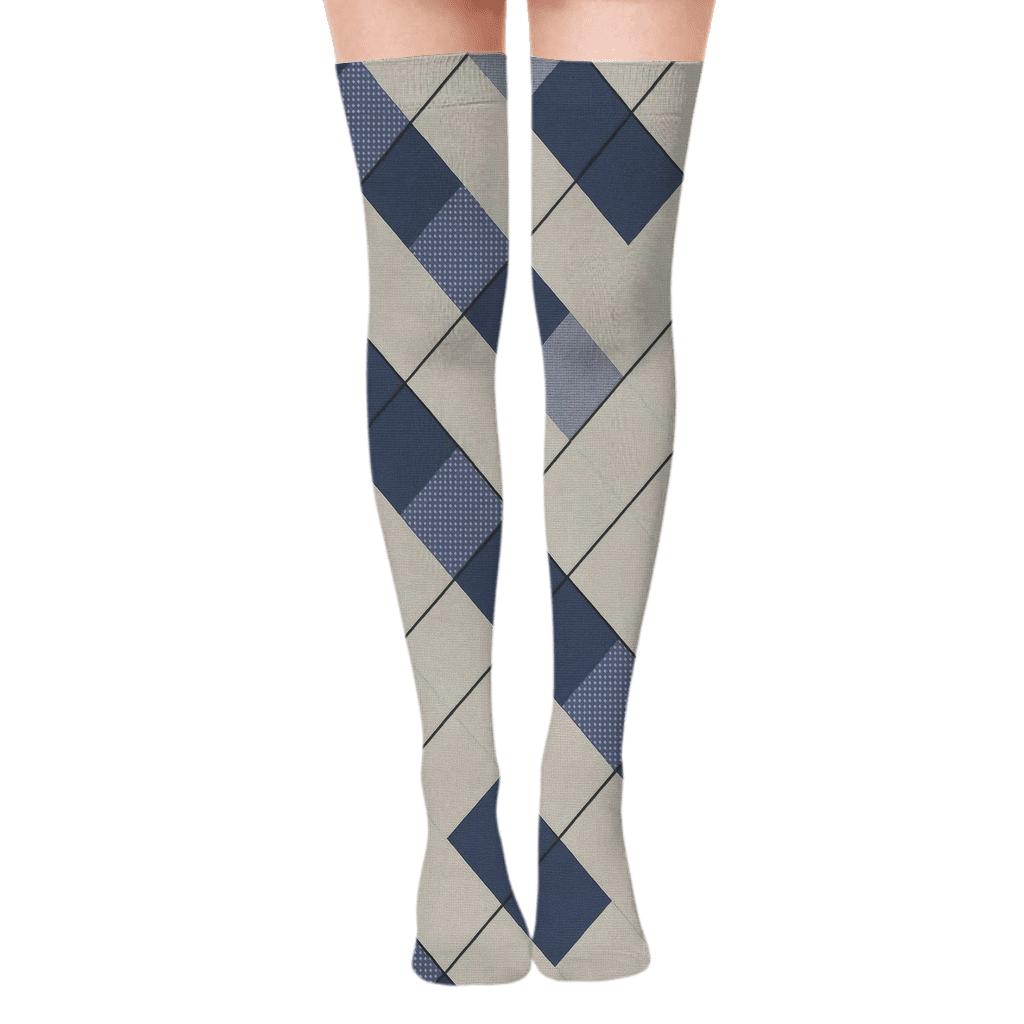 Indigo Diamond Check With Nested Micro Check Inlays soft everyday over-the-knee socks